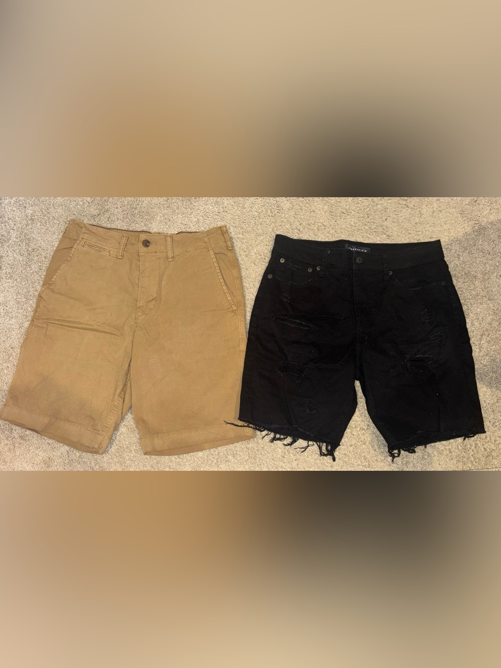 Men Shorts Tan Utility + Black Distressed Denim
